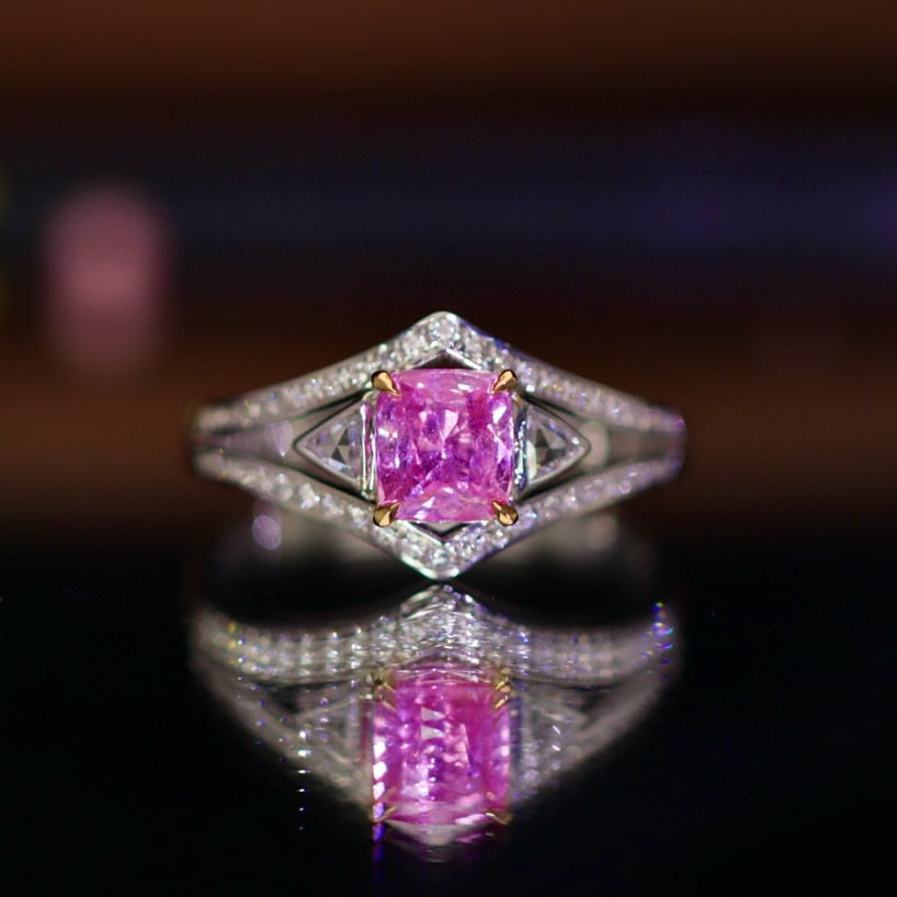 14k Gold 1.56 Ctw Natural Padparadscha Sapphire & Diamond Ring: Ref:230941235 // gold content:14k gold // ring size:7. 25us // // main gemstone:padparadscha sapphire // shape:cushion // carat weight:1. 28ct // color:orangish pink // treatment:natural // // adjacen