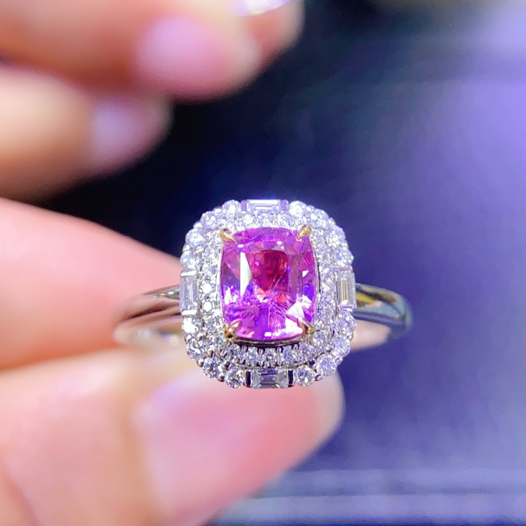 14k Gold 1.42 Ctw Natural Sapphire & Diamond Ring: Ref:230941238 // gold content:14k gold // ring size:7. 25us // // main gemstone:sapphire // shape:cushion // carat weight:1. 15ct // color:pinkish purple // treatment:natural // // adjacent gemstone 2