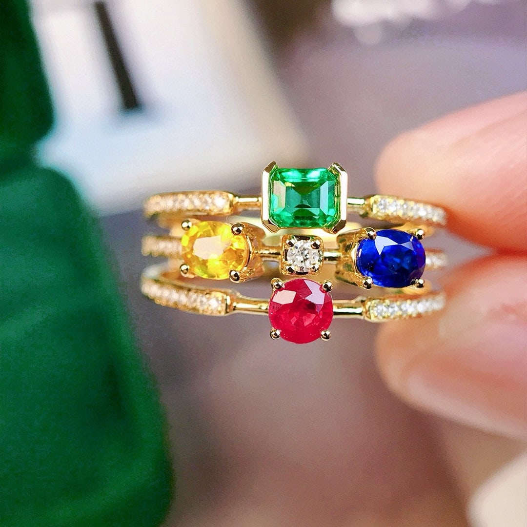 14k Gold 1.26 Ctw Natural Emerald & Sapphire & Ruby & Diamond Ring: Ref:230941260 // gold content:14k gold // ring size:7. 25us // // main gemstone:emerald & sapphire & ruby // shape:octagonal & oval & round // carat weight:1. 10ct // color:color //