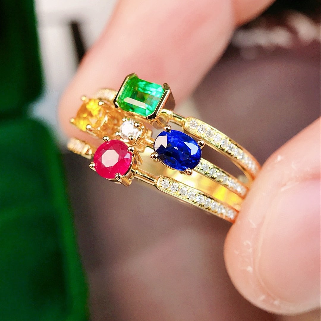14k Gold 1.26 Ctw Natural Emerald & Sapphire & Ruby & Diamond Ring - 3