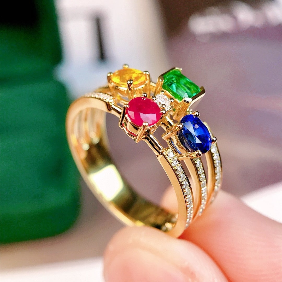 14k Gold 1.26 Ctw Natural Emerald & Sapphire & Ruby & Diamond Ring - 5
