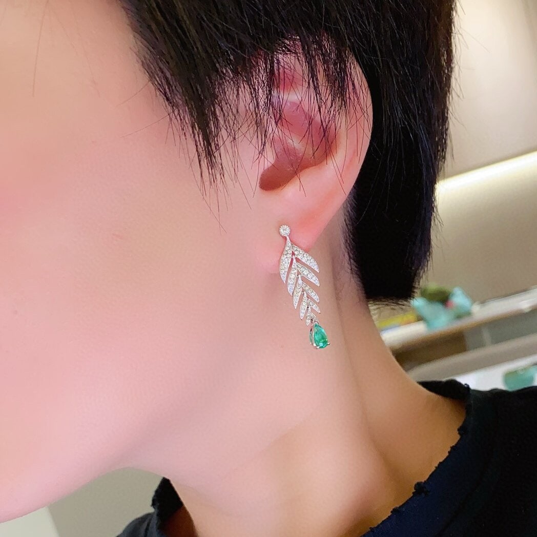 14k Gold 1.76 Ctw Vivid Green Natural Emerald & Diamond Earrings - 2