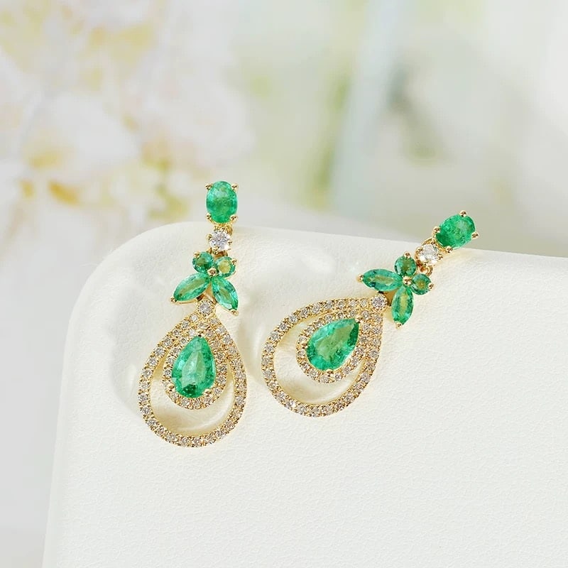14k Gold 1.91 Ctw Natural Emerald & Diamond Earrings - 2