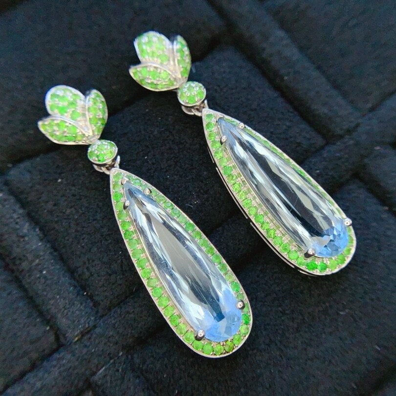 14k Gold 5.95 Ct Natural Aquamarine & Tsavorite Earrings - 2