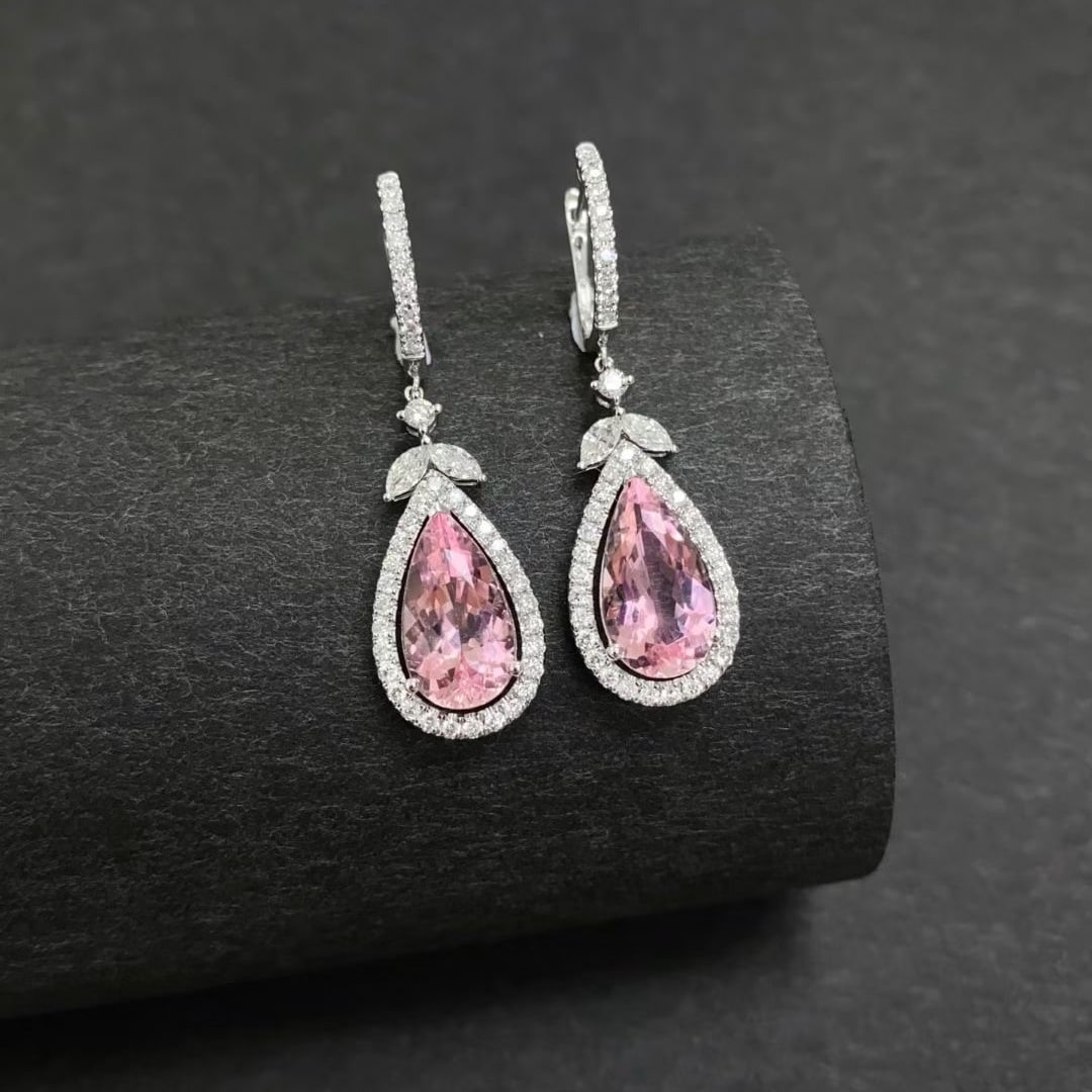 14k Gold 5.10 Ctw Natural Morganite & Diamond Earrings - 5
