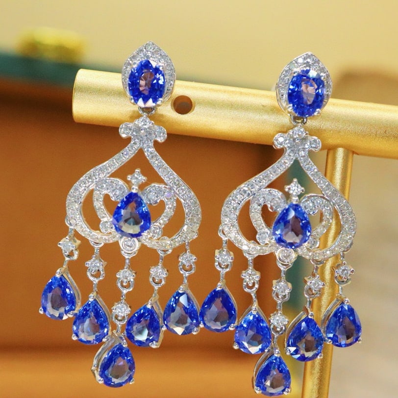 14k Gold 6.05 Ctw Natural Sapphire & Diamond Earrings - 2