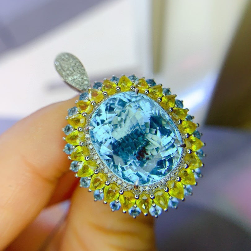 14k Gold 16.26 Ctw Natural Aquamarine & Sapphire Ring/pendant( Without Chain ) - 6