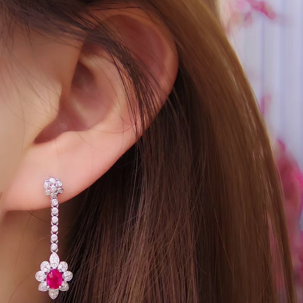 14k Gold 0.7 Ct Natural Ruby & Diamond Earrings - 7