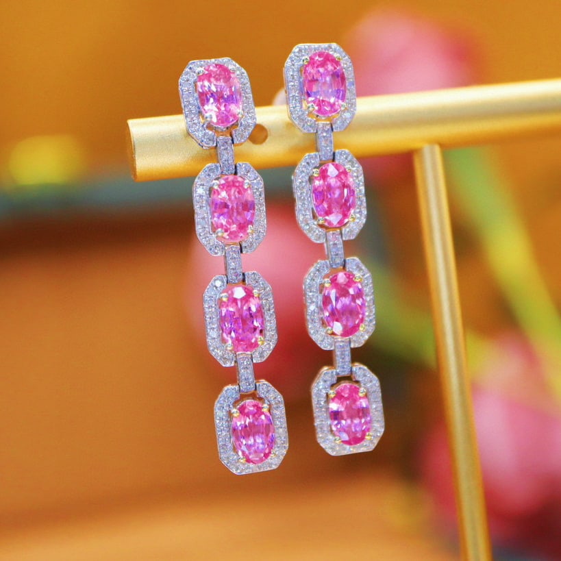 14k Gold 5.04 Ctw Natural Padparadscha Sapphire & Diamond Earrings - 2
