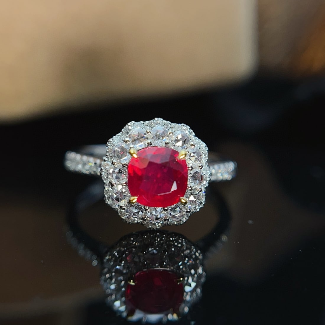 14k Gold 1.53 Ctw Natural Ruby & Diamond Ring: Ref:230942175 // gold content:14k gold // ring size:7. 25us // // main gemstone:ruby // shape:cushion // carat weight:1. 00ct // color:pigeonblood red // treatment:natural // // adjacent gemstone 2 :