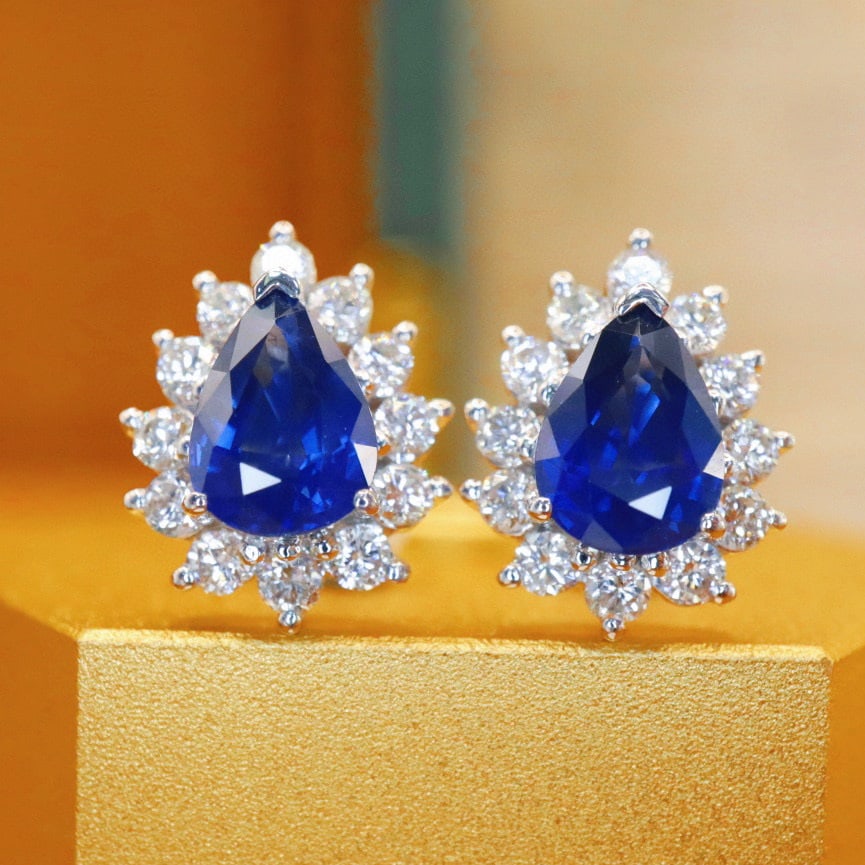 14k Gold 2.16 Ctw Natural Sapphire & Diamond Earrings: Ref:230942206 // gold content:14k gold // main gemstone:sapphire // shape:pear // carat weight:1. 68ct // color:royal blue // treatment:natural // // adjacent gemstone 2 : diamond // number of