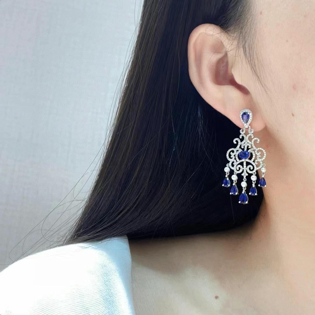 14k Gold 5.68 Ctw Natural Sapphire & Diamond Earrings - 5