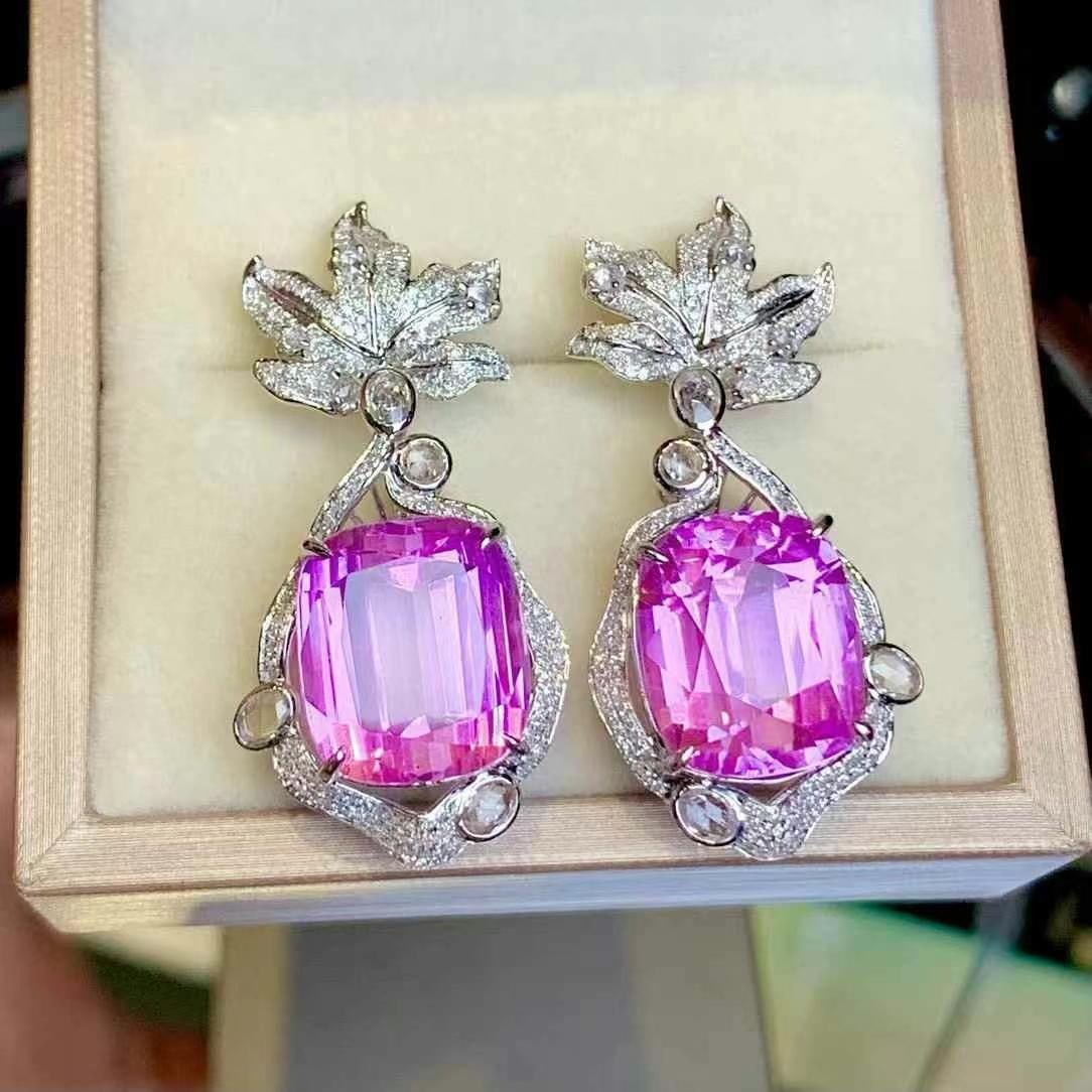14k Gold 33.5 Ct Natural Kunzite & Diamond Earrings - 2
