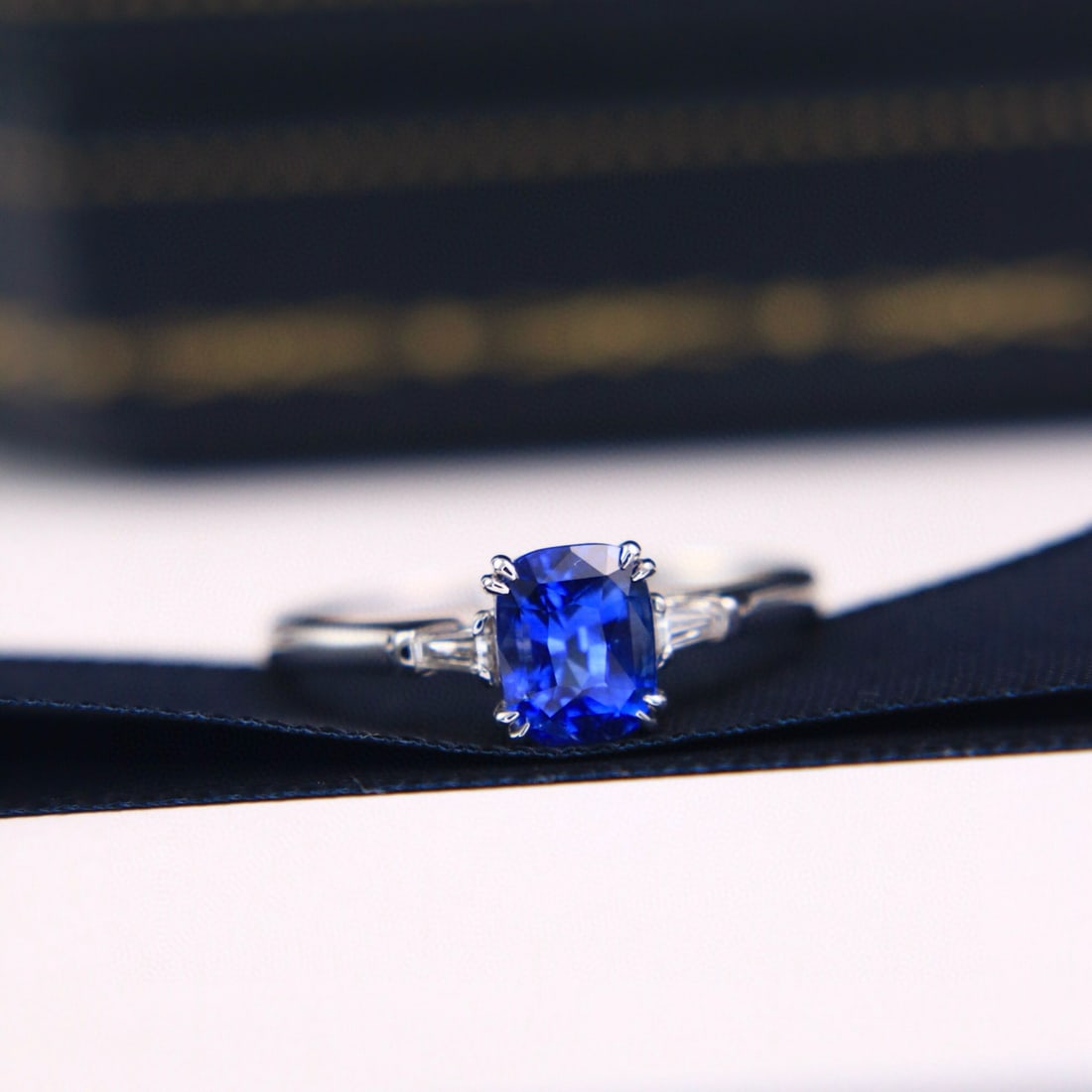 14k Gold 1.67 Ctw Vivid Blue Natural Sapphire & Diamond Ring: Ref:230942335 // gold content:14k gold // ring size:7. 25us // // main gemstone:sapphire // shape:cushion // carat weight:1. 58ct // color:vivid blue // treatment:natural // // adjacent gemstone 2