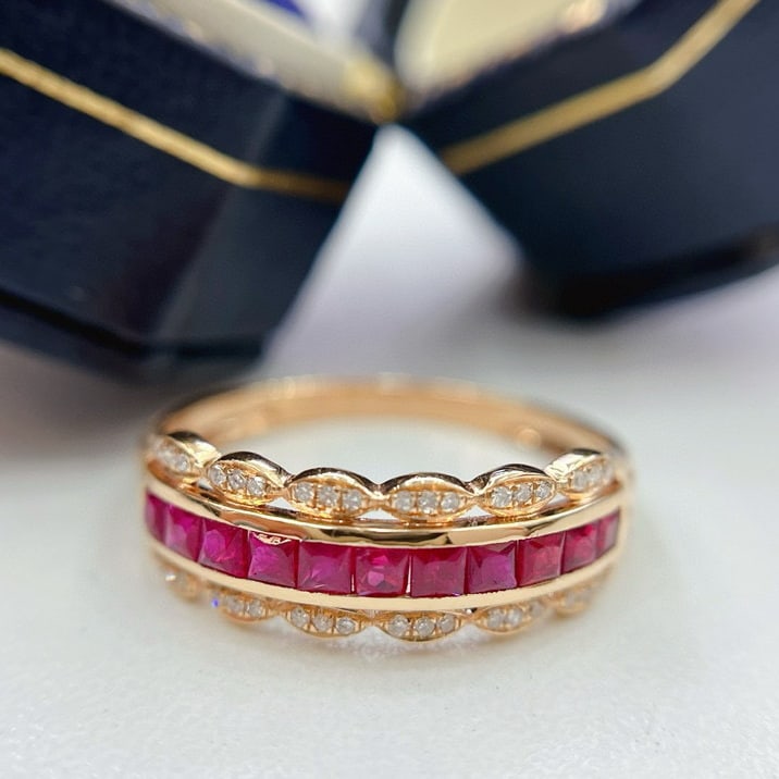 14k Gold 1.00 Ct Natural Ruby & Diamond Ring: Ref:230942424 // gold content:14k gold // ring size:7. 25us // // main gemstone:ruby // shape:princess // carat weight:1. 00ct // color:red // treatment:natural // // adjacent gemstone 2 : diamond