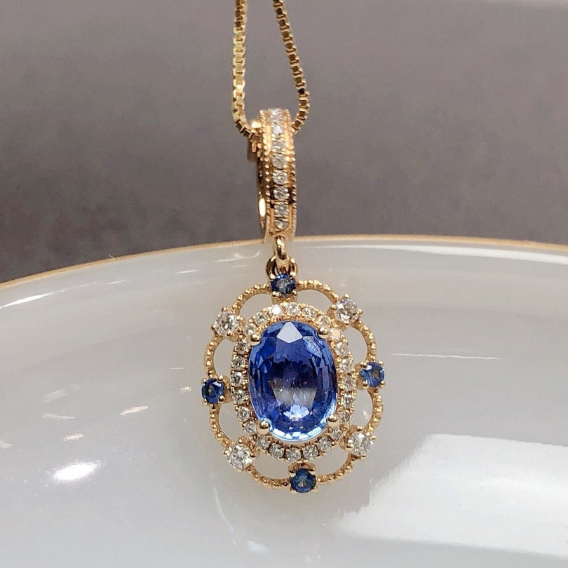 14k Gold 0.99 Ctw Natural Sapphire & Diamond Pendant( Without Chain ) - 2