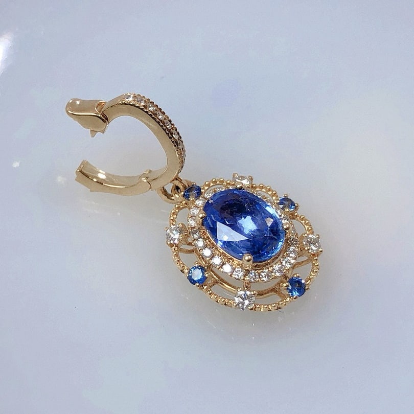 14k Gold 0.99 Ctw Natural Sapphire & Diamond Pendant( Without Chain ) - 5