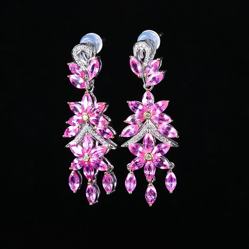 14k Gold 7.83 Ctw Natural Sapphire & Diamond Earrings - 4