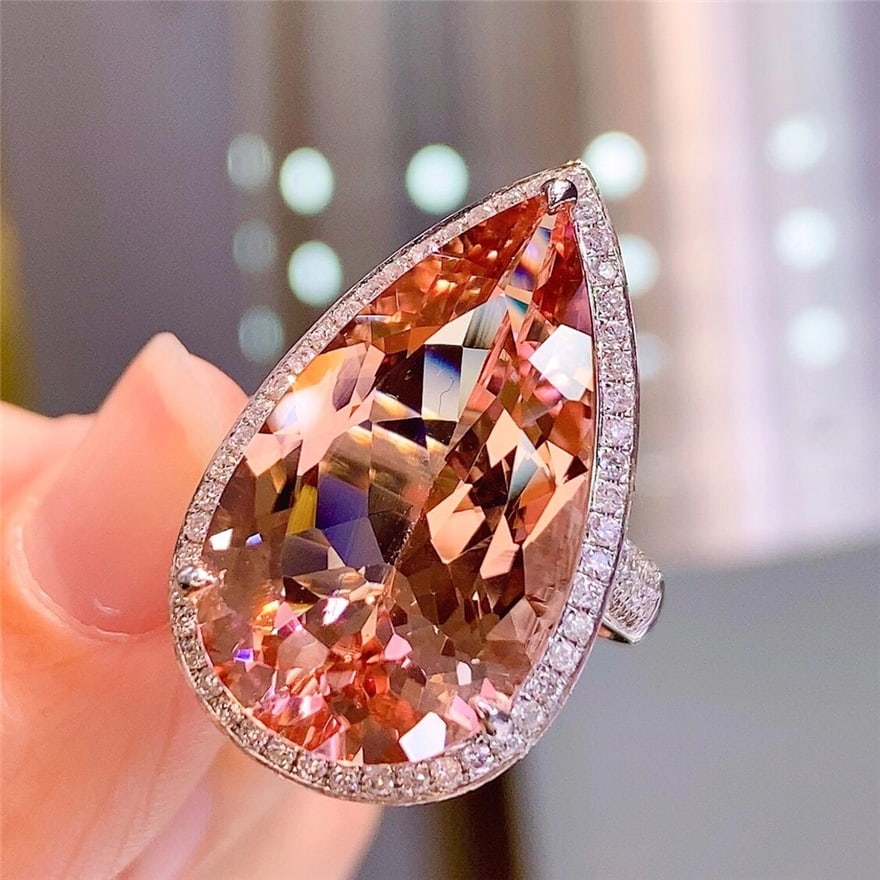 14k Gold 17.5 Ct Natural Morganite & Diamond Ring - 3