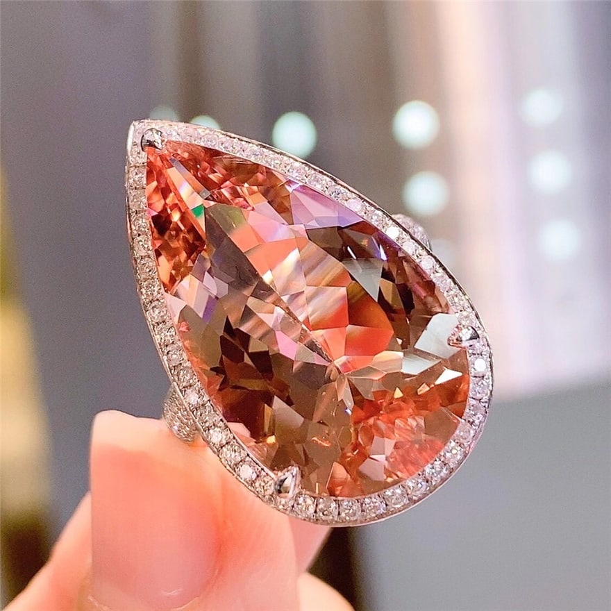 14k Gold 17.5 Ct Natural Morganite & Diamond Ring - 6