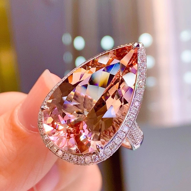 14k Gold 17.5 Ct Natural Morganite & Diamond Ring - 7