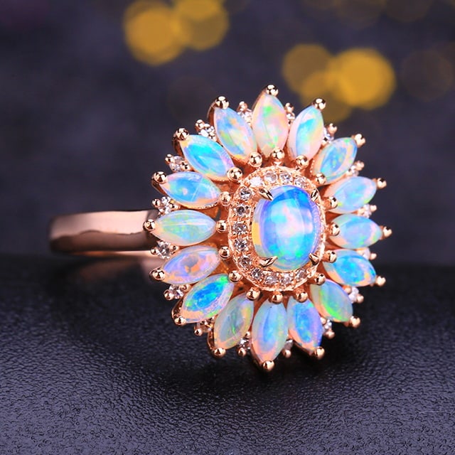 14k Gold 1.25 Ctw Natural Opal & Diamond Ring - 7