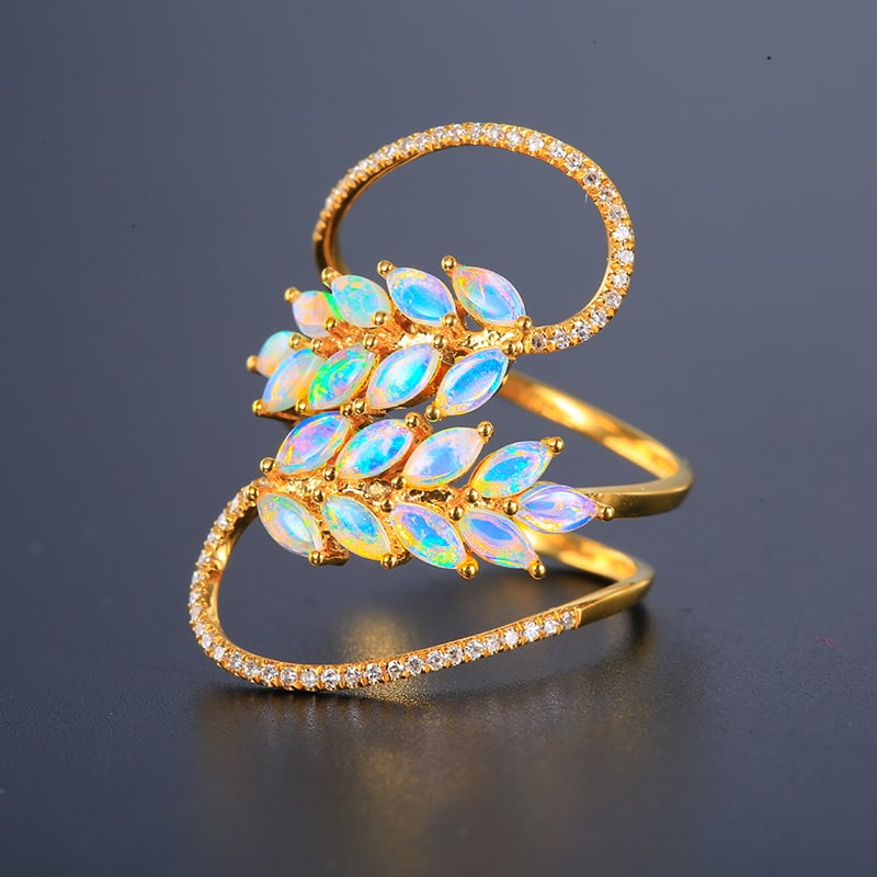 14k Gold 0.84 Ctw Natural Opal & Diamond Ring - 5