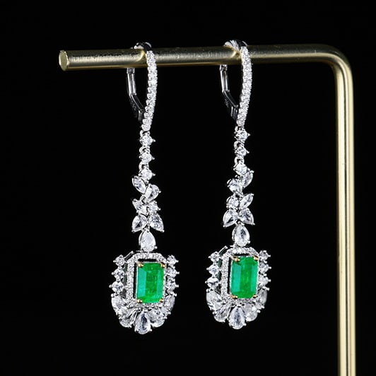 14k Gold 1.96 Ctw Vivid Green Natural Emerald & Diamond Earrings - 2