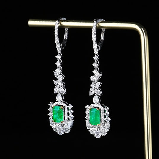 14k Gold 1.96 Ctw Vivid Green Natural Emerald & Diamond Earrings - 4