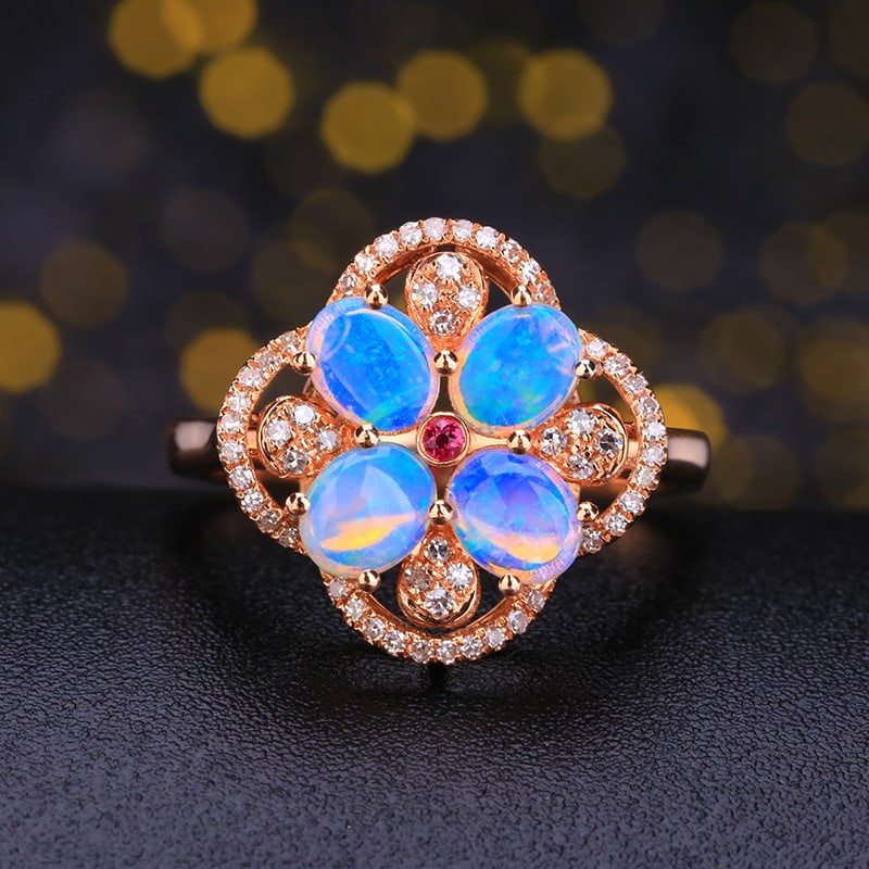 14k Gold 1.09 Ctw Natural Opal & Diamond Ring: Ref:230939062 // gold content:14k gold // ring size:7. 25us // // main gemstone:opal // shape:oval // carat weight:0. 89ct // color:white // treatment:natural // // adjacent gemstone 2 : diamond