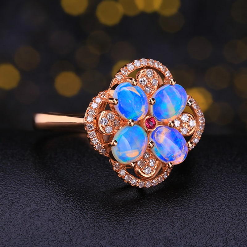 14k Gold 1.09 Ctw Natural Opal & Diamond Ring - 4