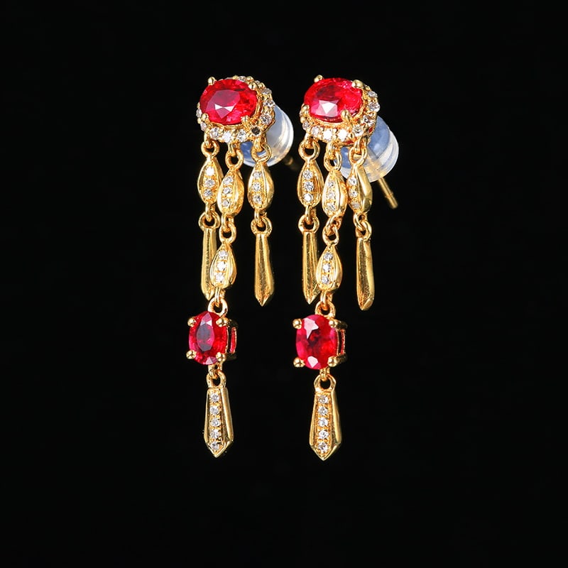 14k Gold 1.49 Ctw Natural Ruby & Diamond Earrings - 4