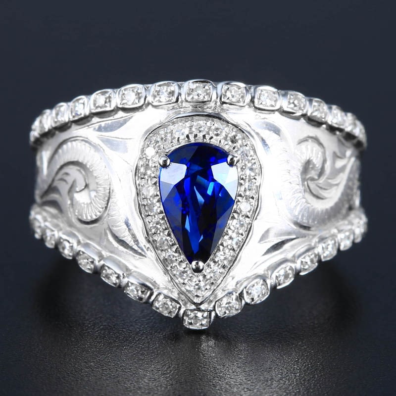 14k Gold 1.42 Ctw Vivid Blue Natural Sapphire & Diamond & Men¡¯s Ring: Ref:230939064 // gold content:14k gold // ring size:8us // // main gemstone:sapphire // shape:pear // carat weight:1. 12ct // color:vivid blue // treatment:natural // // adjacent gemstone 2 :