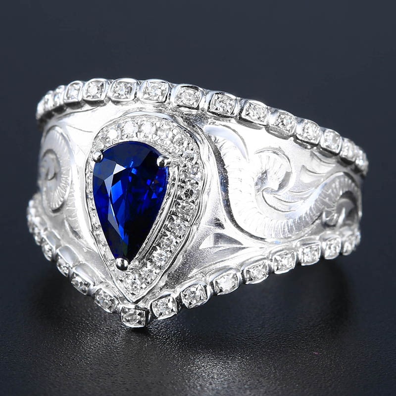 14k Gold 1.42 Ctw Vivid Blue Natural Sapphire & Diamond & Men¡¯s Ring - 2