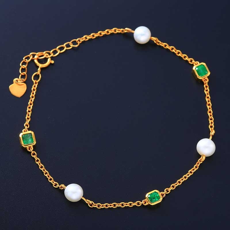 14k Gold 3.47 Ctw Natural Emerald & Pearl Bracelet - 5