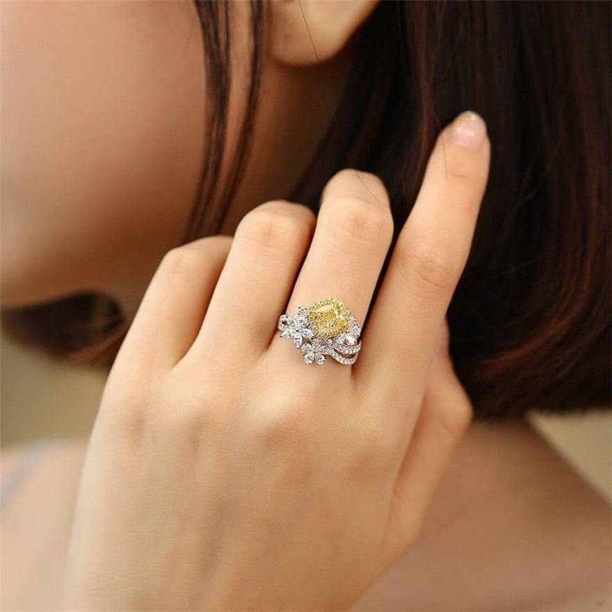 14k Gold 1 Ct Natural Yellow Diamond & Diamond Ring - 3