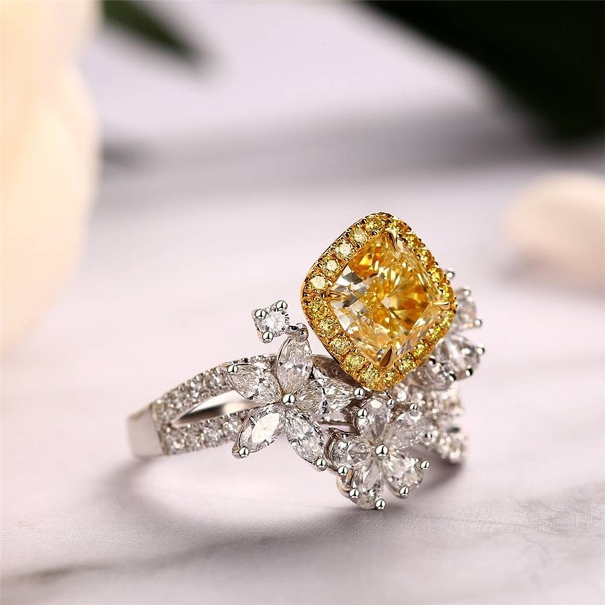 14k Gold 1 Ct Natural Yellow Diamond & Diamond Ring - 5