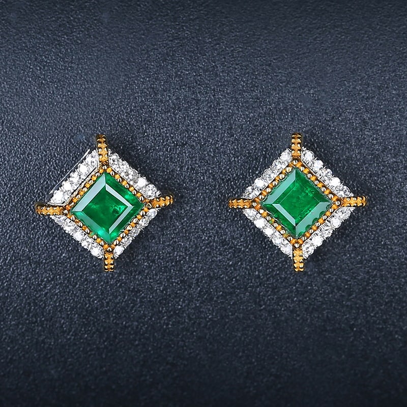 14k Gold 0.7 Ctw Vivid Green Natural Emerald & Diamond Earrings - 2