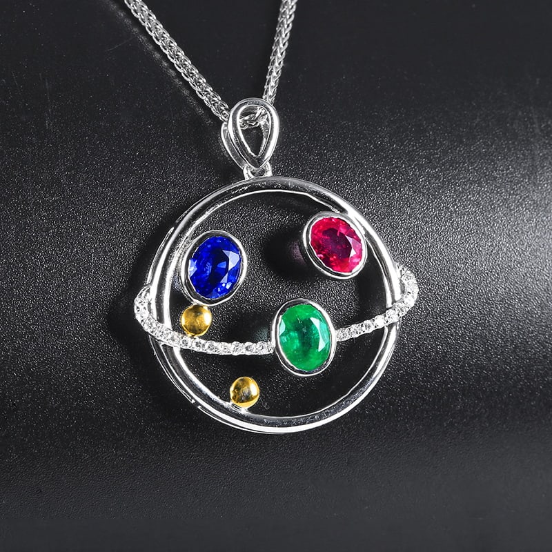 14k Gold 1.00 Ctw Natural Ruby & Emerald & Sapphire & Diamond Pendant( Without Chain ) - 2