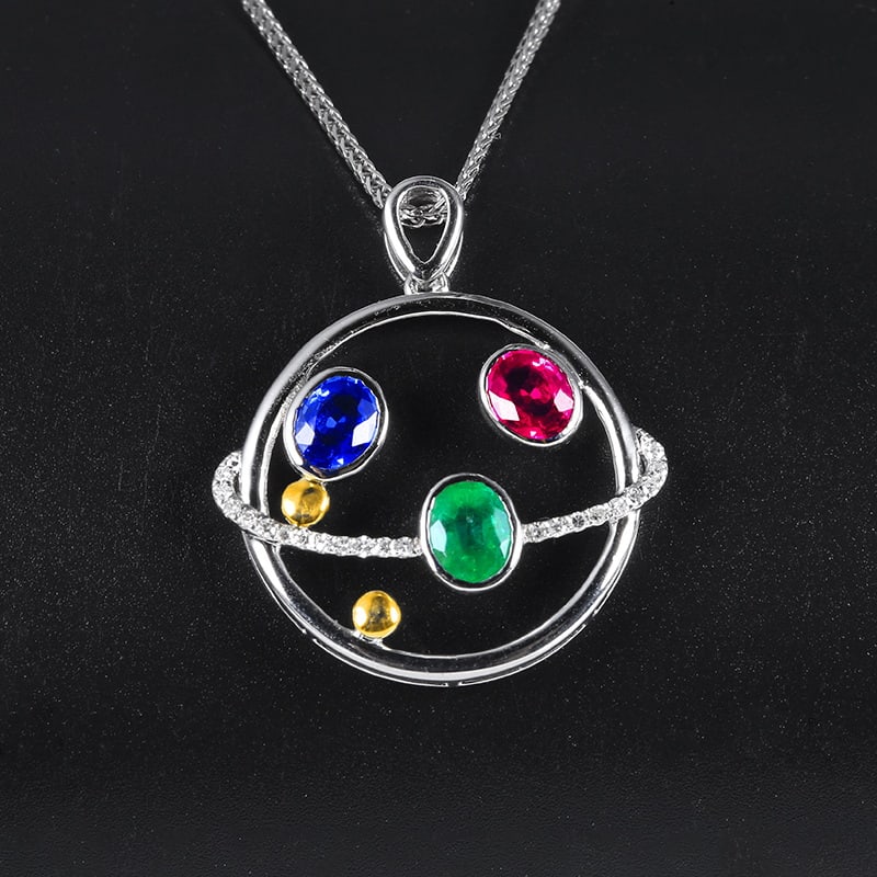 14k Gold 1.00 Ctw Natural Ruby & Emerald & Sapphire & Diamond Pendant( Without Chain ) - 6