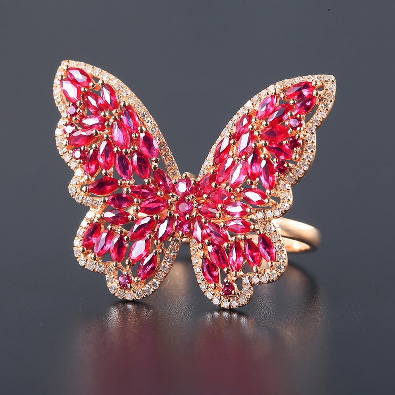 14k Gold 3.00 Ctw Natural Ruby & Diamond & Butterfly Ring - 5