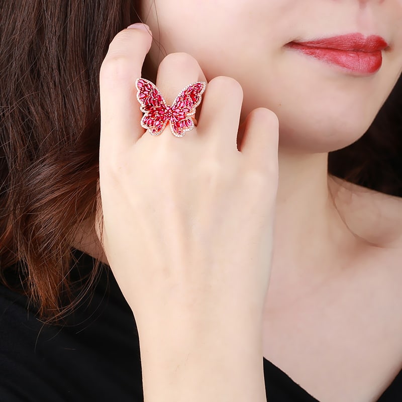 14k Gold 3.00 Ctw Natural Ruby & Diamond & Butterfly Ring - 6