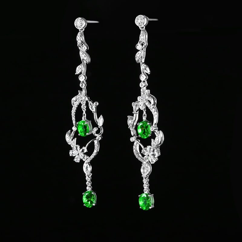 14k Gold 1.93 Ctw Vivid Green Natural Tsavorite & Diamond Earrings - 2