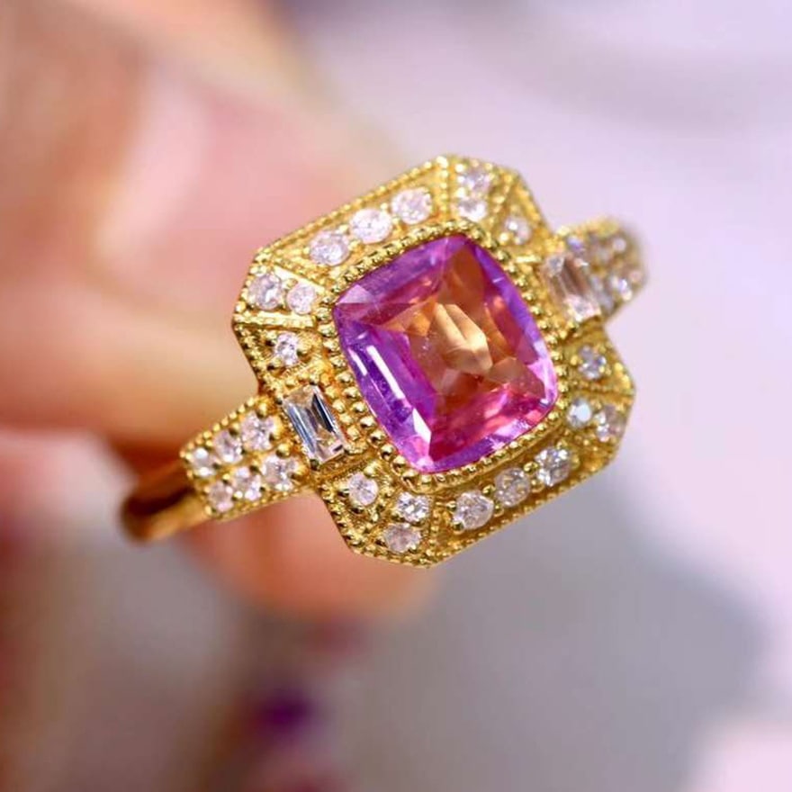 14k Gold 1.27 Ctw Natural Sapphire & Diamond Ring: Ref:230939133 // gold content:14k gold // ring size:7. 25us // // main gemstone:sapphire // shape:cushion // carat weight:1. 05ct // color:pink // treatment:natural // // adjacent gemstone 2 : diamond