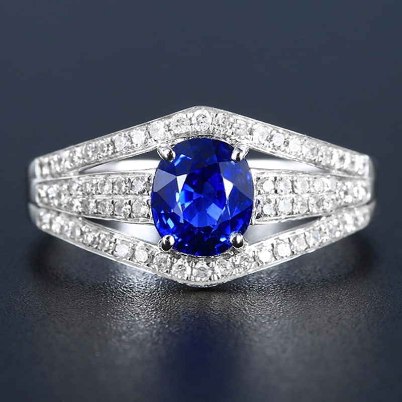 14k Gold 1.92 Ctw Vivid Blue Natural Sapphire & Diamond Ring: Ref:230939147 // gold content:14k gold // ring size:7. 25us // // main gemstone:sapphire // shape:oval // carat weight:1. 58ct // color:vivid blue // treatment:natural // // adjacent gemstone 2 :