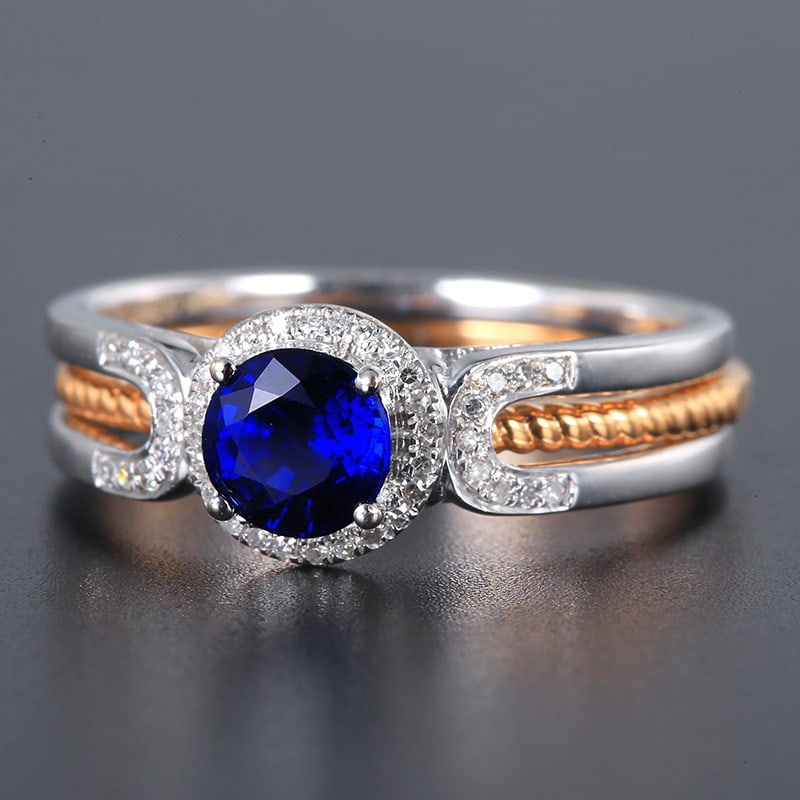 14k Gold 0.72 Ctw Vivid Blue Natural Sapphire & Diamond Ring - 8