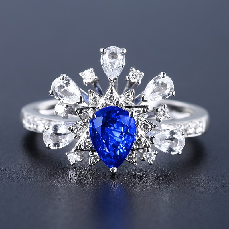 14k Gold 1.25 Ctw Natural Sapphire & Diamond Ring: Ref:230939158 // gold content:14k gold // ring size:7. 25us // // main gemstone:sapphire // shape:pear // carat weight:1. 03ct // color:cornflower blue // treatment:natural // // adjacent gemstone
