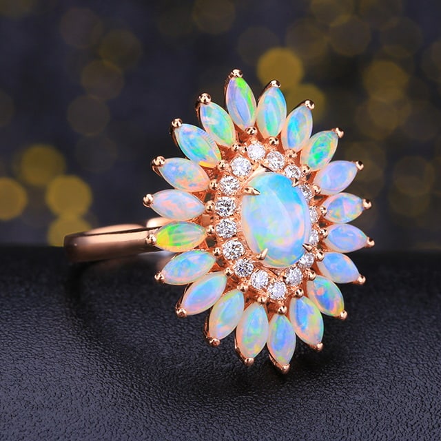 14k Gold 1.59 Ctw Natural Opal & Diamond Ring - 5