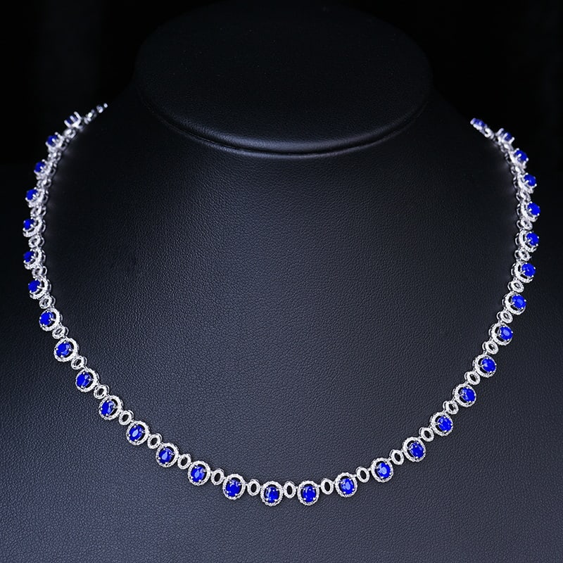 14k Gold 9.6 Ctw Vivid Blue Natural Sapphire & Diamond Necklace: Ref:230939166 // gold content:14k gold // main gemstone:sapphire // shape:oval // carat weight:7. 8ct // color:vivid blue // treatment:natural // // adjacent gemstone 2 : diamond // number of