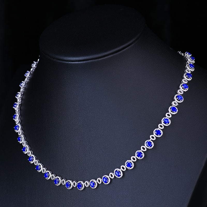 14k Gold 9.6 Ctw Vivid Blue Natural Sapphire & Diamond Necklace - 2
